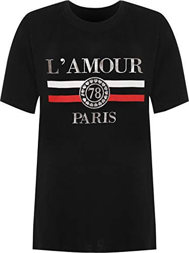 Espania Trading New Girls Plus Black Amour Paris Slogan Foil Print Baggy Camiseta de manga corta para mujer talla 14-28