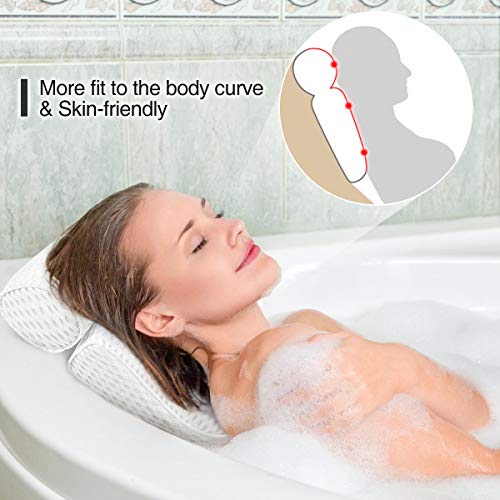 Essort Cojín de Baño de SPA 4D Almohada Bañera con 5 Ventosas Antideslizante, Bath Pillow Ergonómico para Soporte de Cuello y Hombro, para Bañera Jacuzzi y Hidromasajes, 37x38x10cm Blanco