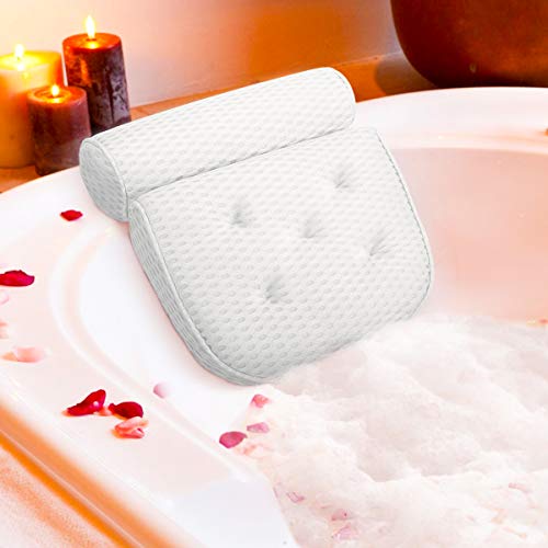 Essort Cojín de Baño de SPA 4D Almohada Bañera con 5 Ventosas Antideslizante, Bath Pillow Ergonómico para Soporte de Cuello y Hombro, para Bañera Jacuzzi y Hidromasajes, 37x38x10cm Blanco