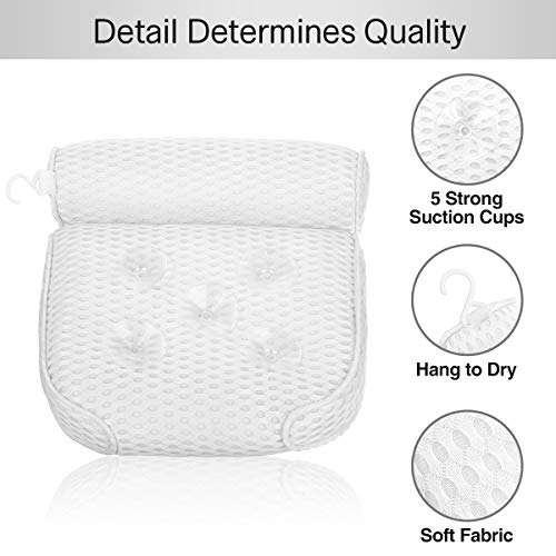 Essort Cojín de Baño de SPA 4D Almohada Bañera con 5 Ventosas Antideslizante, Bath Pillow Ergonómico para Soporte de Cuello y Hombro, para Bañera Jacuzzi y Hidromasajes, 37x38x10cm Blanco