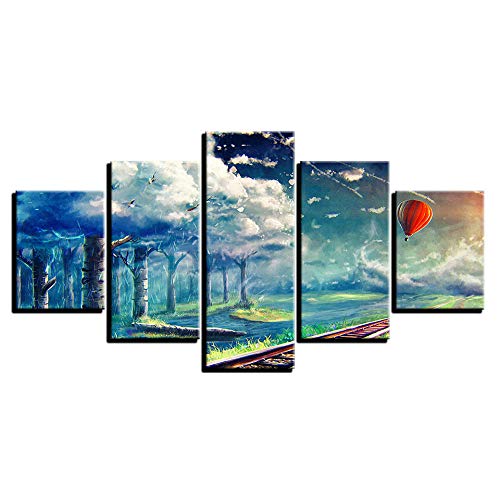 Eternity-Cartel Lienzo Modular Imagen Arte De La Pared 5 Piezas Globo De Aire Caliente Bosque Nubes Blancas Pintura De Paisaje Hd Impresión Decoración Sala De Estar