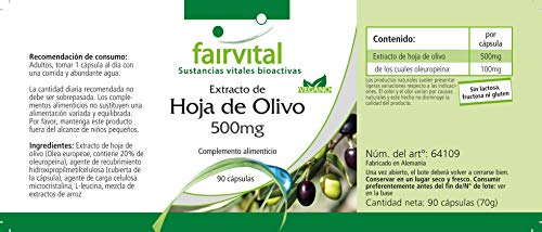 Extracto de Hoja de Olivo 500mg - VEGANO - Dosis elevada - 20% de Oleuropeína - 90 Cápsulas - Calidad Alemana