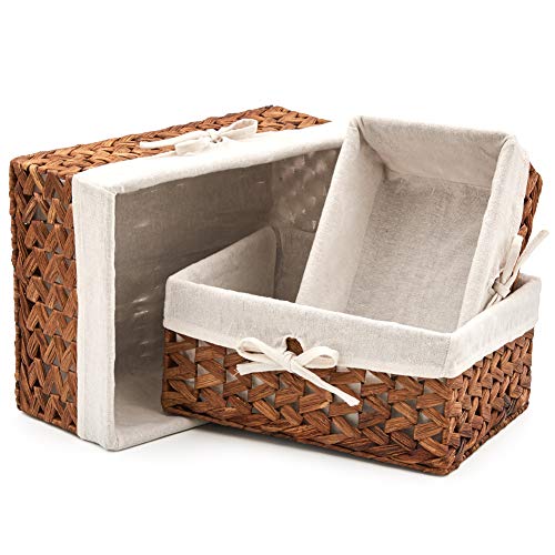 EZOWare Set de 3 Cestas de Almacenamiento de Mimbre de Natural Jacinto de Agua, Caja Organizadora Decorativo con Forro de Tela Extraíble Ideal para Baño, Cocina o Decoración del Hogar