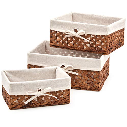 EZOWare Set de 3 Cestas de Almacenamiento de Mimbre de Natural Jacinto de Agua, Caja Organizadora Decorativo con Forro de Tela Extraíble Ideal para Baño, Cocina o Decoración del Hogar