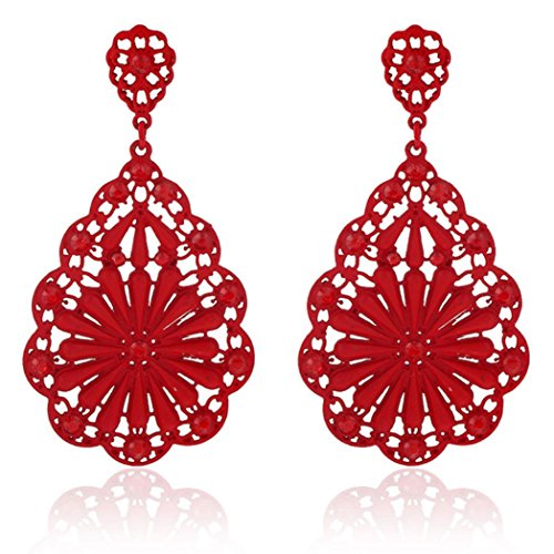 FAMILIZO Moda de señora elegante del oído del Rhinestone Flor Stud caliente 1 par (Rojo)