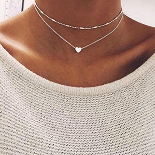 FEITONG Collar de múltiples capas del corazón del amor de las mujeres Joyas de cadena (Plata)