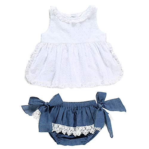 FELZ Ropa Bebe Niña Verano Recién Nacido 6 Meses a 5 Años Camiseta sin Mangas Cuello Redondo con Lazo de Encaje con Volantes + Pantalones Cortos de Mezclilla Conjunto de ropa/2pc Original Fiesta Ropa