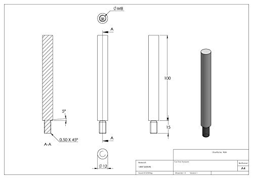 Fenau | pasador de acero | con rosca M8 | Dimensiones: 100x12 mm | acero (bruto) S235JR