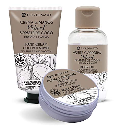 Flor de Mayo, Set hidratante aroma Sorbete de Coco, Aceite Corporal 100ml, Crema Corporal 50ml, Crema de Manos 30ml - Una experiencia muy divertida