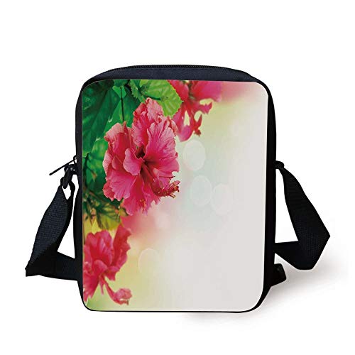 Floral,Hibiscus Flower Florets Buds Leaf Essence Fragrance Blossoms Garden Image,Hot Pink Fern Green Print Kids Crossbody Messenger Bag Purse