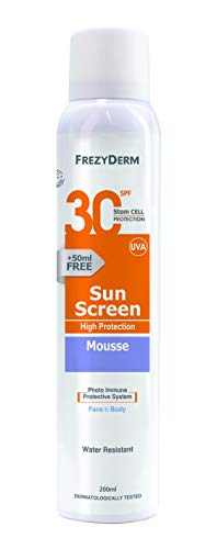 Frezyderm Sun Screen Mousse protector solar corporal SFP 30 (textura no grasa, resistente al agua), 150ml