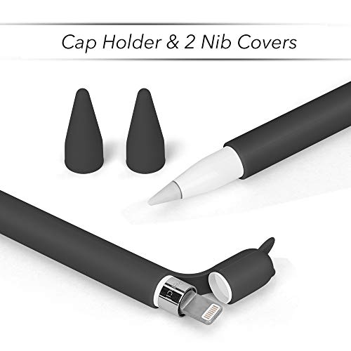 Funda de Silicona para Apple Pencil Holder Funda de Bolsillo Piel Accesorios para iPad Pro 9.7/10.5, Bolsa de Agarre Suave con Carga Gato Forma Cap Holder y 2 Cubiertas de Punta Protectora-Negro