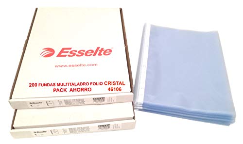 Fundas Multitaladro Cristal Tamaño Folio Esselte Referencia 46106 Pack Ahorro compuesto por 200 Hojas Multitaladro de Excelente Grosor y Durabilidad con capacidad para 50 folios dentro de cada una