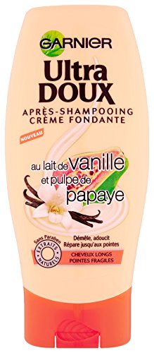 Garnier Acondicionador Ultra Doux fundente para pelo largo y puntas frágiles, leche de vainilla y pulpa de papaya, 250 ml, lote de 3