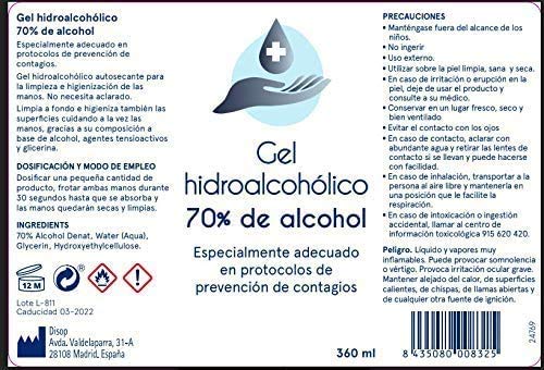 Gel Hidroalcoholico para Protocolos de Prevención de Contagios y para una Higiene Profunda de Manos | Solución Higienizante, Hidroalcohol al 70% de Etanol, 360 ml (1 ud)