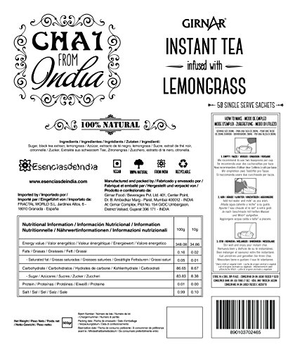 GIRNAR - CHAI DE LA INDIA CON LEMONGRASS 100% NATURAL, SIN LECHE - 500GR (50 bolsitas de 10gr) Té Instantáneo con Especias de la India.