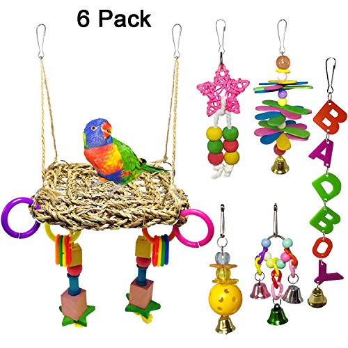 Guwheat 6pcs Bird Loro Jaula Juguetes, Hamaca tejida Bird Swing Colgando Campana Juguete del animal doméstico para Conures, guacamayos, loros, pájaros del amor, pinzones