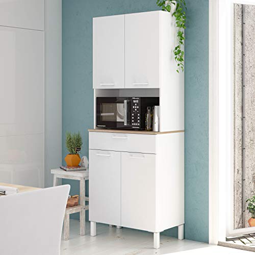 Habitdesign 0F9940A - Alacena de Cocina, Aparador, Mueble Auxiliar 4 Puertas + 1 Cajon y Estante, Blanco Artik y Roble Canadian, Medidas: 72 cm (Largo) x 186 cm (Alto) x 40 cm (Fondo)