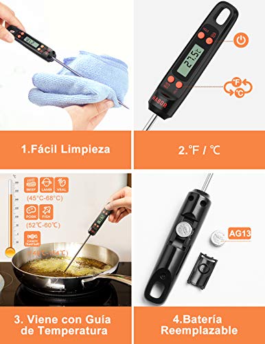 Habor Termometro de Cocina Termómetro para Carne Digital, Sonda Súper Larga, Lectura Instantánea de 5s Con Botón de ° C / ° F, Para Cocina, BBQ, Comida, Pavo, Caramelo, Leche, Agua de Baño