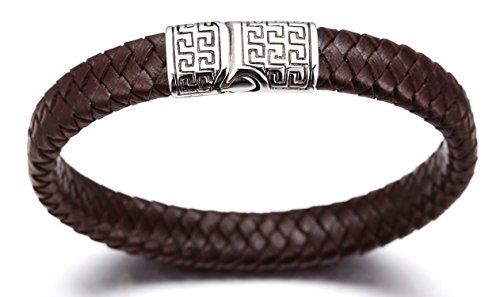 Halukakah ● Solo ● Pulsera Hombre Cuero Genuina Marrón Cierre Magnético Titanio Acero Inoxidable 8.46"(21.5cm) con CajaDeRegaloGRATIS