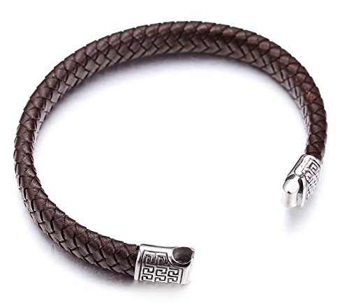 Halukakah ● Solo ● Pulsera Hombre Cuero Genuina Marrón Cierre Magnético Titanio Acero Inoxidable 8.46"(21.5cm) con CajaDeRegaloGRATIS