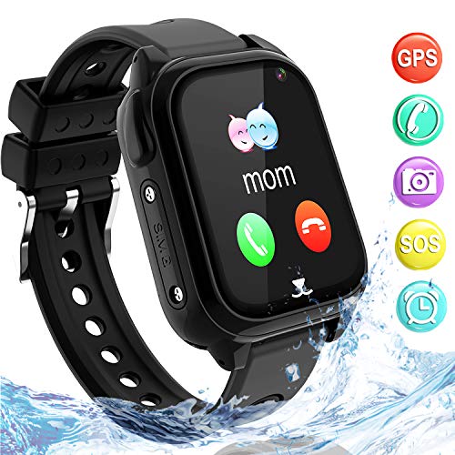 Impermeable GPS Smartwatch para Niños, IP67 Impermeable Reloj inteligente Phone con GPS LBS Tracker SOS Chat de voz Cámara Podómetro Juego Watch Niño niña Compatible con iOS Android (SS8-Black)