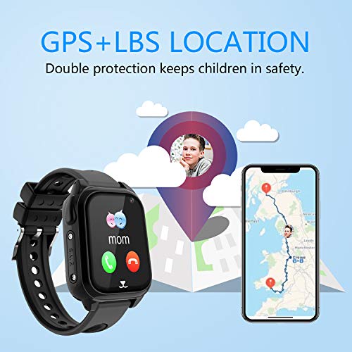 Impermeable GPS Smartwatch para Niños, IP67 Impermeable Reloj inteligente Phone con GPS LBS Tracker SOS Chat de voz Cámara Podómetro Juego Watch Niño niña Compatible con iOS Android (SS8-Black)