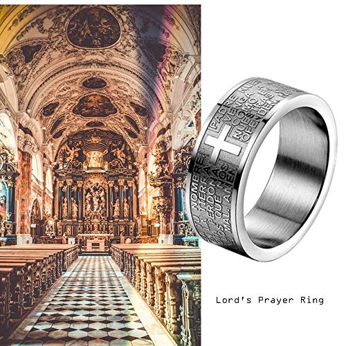 JewelryWe Anillo para Hombre y Mujer, Anillo de Compromiso Cruz Grabado, Anillo Biblia Nuestro Padre, Clásico Anillo de Hombre Plateado, Anillo de Boda Regalo Original (22)