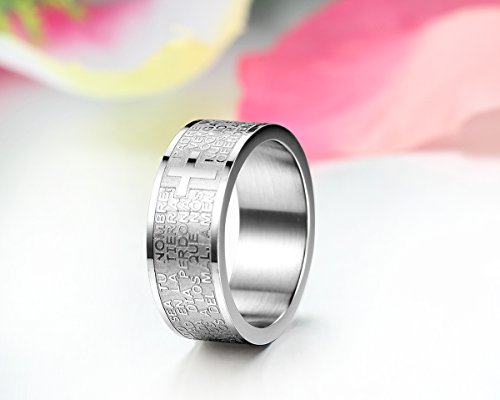 JewelryWe Anillo para Hombre y Mujer, Anillo de Compromiso Cruz Grabado, Anillo Biblia Nuestro Padre, Clásico Anillo de Hombre Plateado, Anillo de Boda Regalo Original (22)