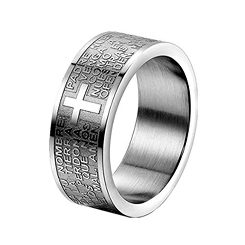 JewelryWe Anillo para Hombre y Mujer, Anillo de Compromiso Cruz Grabado, Anillo Biblia Nuestro Padre, Clásico Anillo de Hombre Plateado, Anillo de Boda Regalo Original (22)