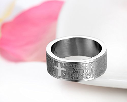 JewelryWe Anillo para Hombre y Mujer, Anillo de Compromiso Cruz Grabado, Anillo Biblia Nuestro Padre, Clásico Anillo de Hombre Plateado, Anillo de Boda Regalo Original (22)