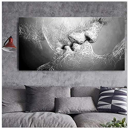 Jin Yi Global Cuadro en Lienzo Impresión Abstracta Blanco y Negro Beso de Amor Póster Imágenes Inicio Dormitorio Sala de Estar Decoración de Arte de Pared 70x140cm (27.6"x55.1) Sin Marco