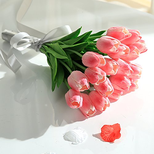 JUSTOYOU El tulipán Toque Real, 33 cm de Largo, Flores Artificiales Decorativas para Ramos de Boda, hogar, Hotel, jardín, Evento de Navidad, Rosa, 20 por Paquete