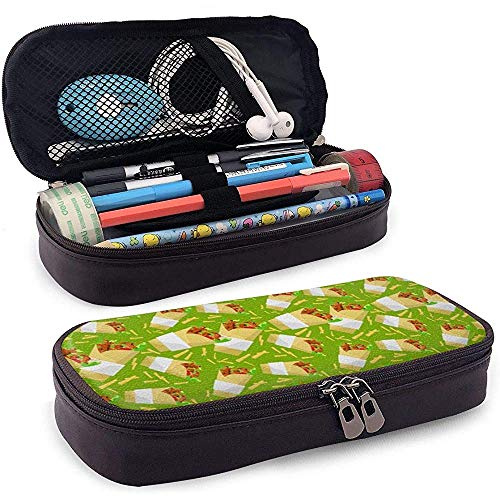 Kebab Pattern Green Pencil Case Gran capacidad Maquillaje Bolso Bolso Bolso Cuero Durable Estudiantes Papelería con doble cremallera Titular Caja Organizador