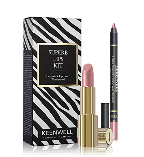 Keenwell, Kit Lápiz Labial Pinky Nude Acabado Brillante+Deliniador de Labios Sutil Rosa Nude Acabado Perlado.