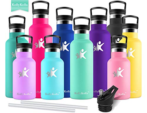 KollyKolla Botella de Agua Acero Inoxidable, Termo Sin BPA Ecológica Reutilizable, Botella Termica con Pajita y Filtro, Water Bottle para Niños & Adultos, Deporte, Oficina (350ml Macaron Verde)