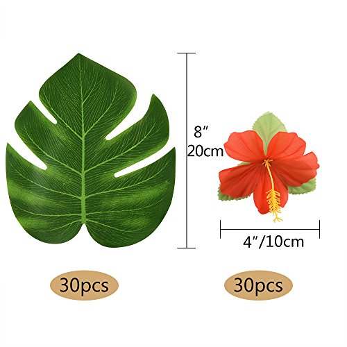 Kuuqa 60 piezas decoraciones de fiesta tropical Hojas de palmera tropical de 8 "Flores de monstera e hibisco, hojas de simulación para la fiesta hawaiana Luau Jungle Beach con tema.