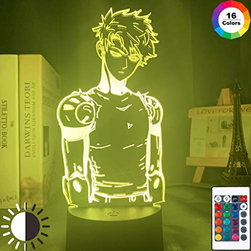 Lámpara de luz nocturna LED acrílica Anime One Punch Man Genos Figura Lámpara de escritorio 3d para niños Habitación infantil Luz nocturna decorativa Manga regalo, 7 colores sin control remoto