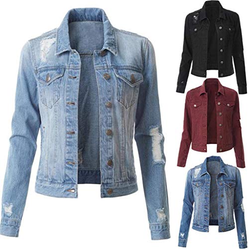 Las mujeres Cool Slim Denim Chaqueta Arrancó Distressed Jean Turn Down Collar Ropa de abrigo Novio Manga Larga Abrigo Tops