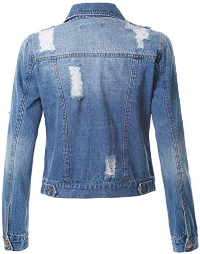 Las mujeres Cool Slim Denim Chaqueta Arrancó Distressed Jean Turn Down Collar Ropa de abrigo Novio Manga Larga Abrigo Tops