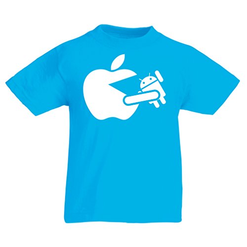 lepni.me Camisas para niños Funny Apple Comer un Robot - Regalo para los fanáticos de la tecnología (9-11 Years Azul Claro Blanco)