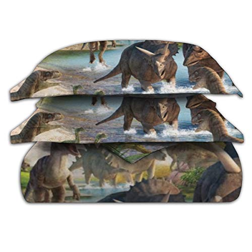 LINARUBE Juego de Ropa de Cama-Un Grupo de Diferentes Tipos de Dinosaurios Jugando en el Agua,Juego de Funda Nórdica y 2 Funda de Almohada(Single 135x210cm)