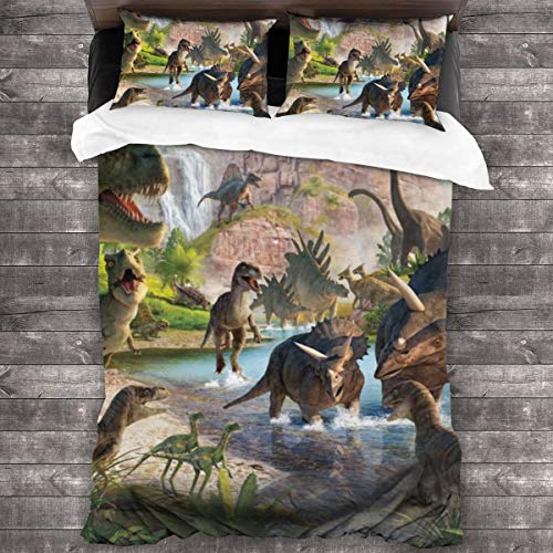 LINARUBE Juego de Ropa de Cama-Un Grupo de Diferentes Tipos de Dinosaurios Jugando en el Agua,Juego de Funda Nórdica y 2 Funda de Almohada(Single 135x210cm)