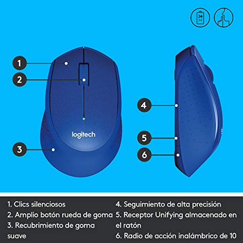 Logitech M330 Silent Plus Ratón Inalámbrico, 2.4 GHz con Nano-Receptor USB, Seguimiento 1000 DPI, 3 Botones, Batería 24 Meses, Compatible con PC/ Mac/Portátil, Azul