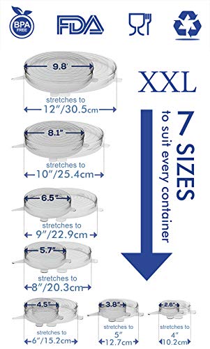 longzon 13 Piezas Tapas de Silicona Reutilizables Ecológicas, Tapas de Silicona para Alimentos, 7 Tamaños (hasta XXL) de Tapas Silicona Ajustables Sin BPA para Lavavajillas, Refrigerador - Redondos