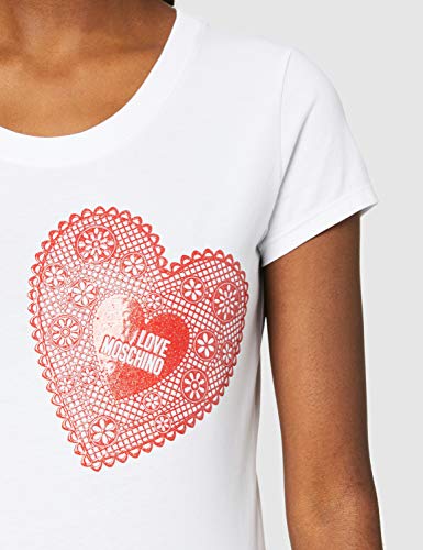 Love Moschino T-Shirt_Heart-Shaped Doily & Logo Print Camiseta, Color Blanco (Optical White A00), 40 (Talla del Fabricante: 44) para Mujer