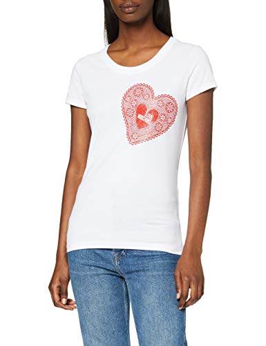 Love Moschino T-Shirt_Heart-Shaped Doily & Logo Print Camiseta, Color Blanco (Optical White A00), 40 (Talla del Fabricante: 44) para Mujer