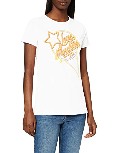 Love Moschino T-Shirt_Neon Sign Ice Cream & Logo Print Camiseta, Blanco (Optical White A00), 42 (Talla del Fabricante: 46) para Mujer