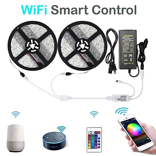 Luces de tira LED, RGB WiFi Control remoto inalámbrico Kit de luz de tira Control de voz 32.8 pies Resistente al agua Compatible con Amazon Alexa y Google Assistant para Home Party Club Shopping Mall