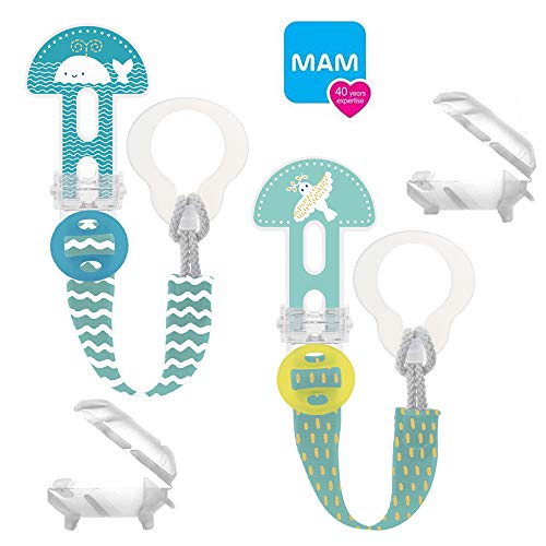 MAM Clip it ! Fashion & Cover - Juego de 2 cintas para chupete con protección contra ventosas, longitud ajustable, lavable